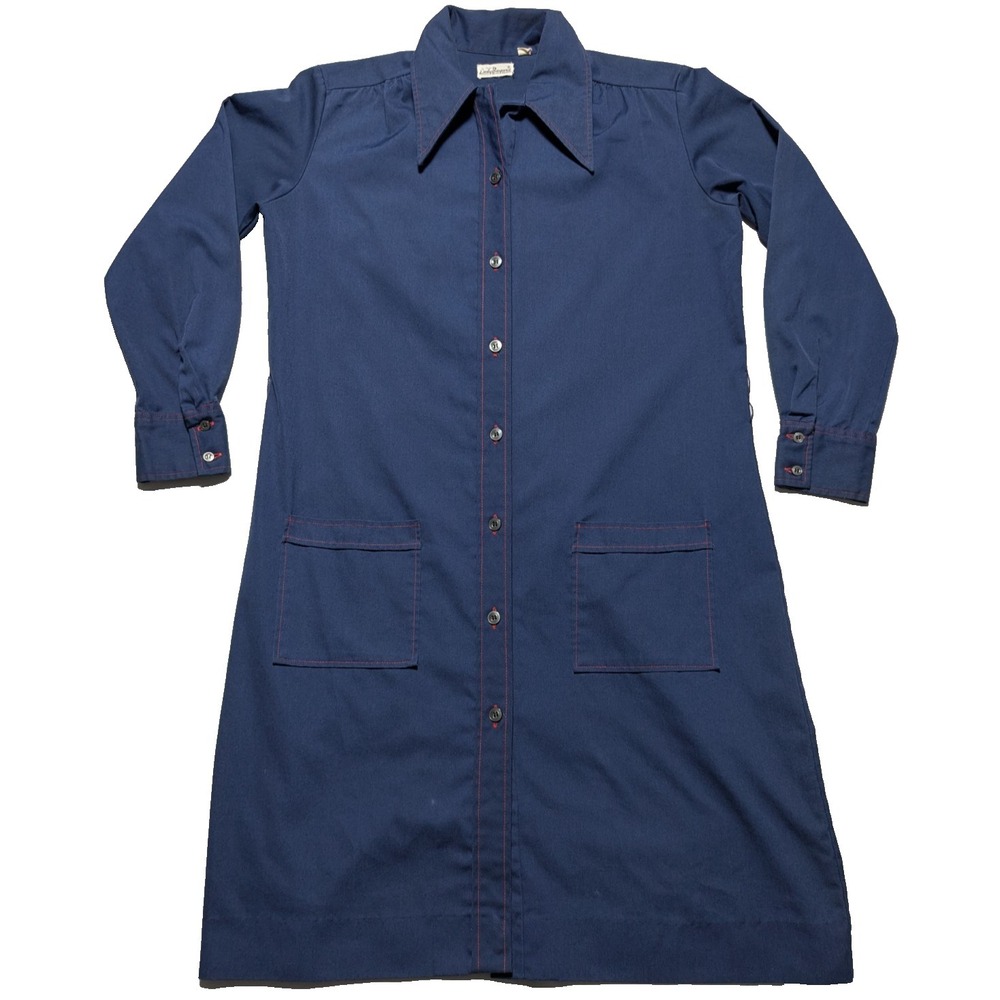 VTG 60s 70s Lady Bayard Shirt Dress Navy With Red Top Stitching - Women 15-16‎
